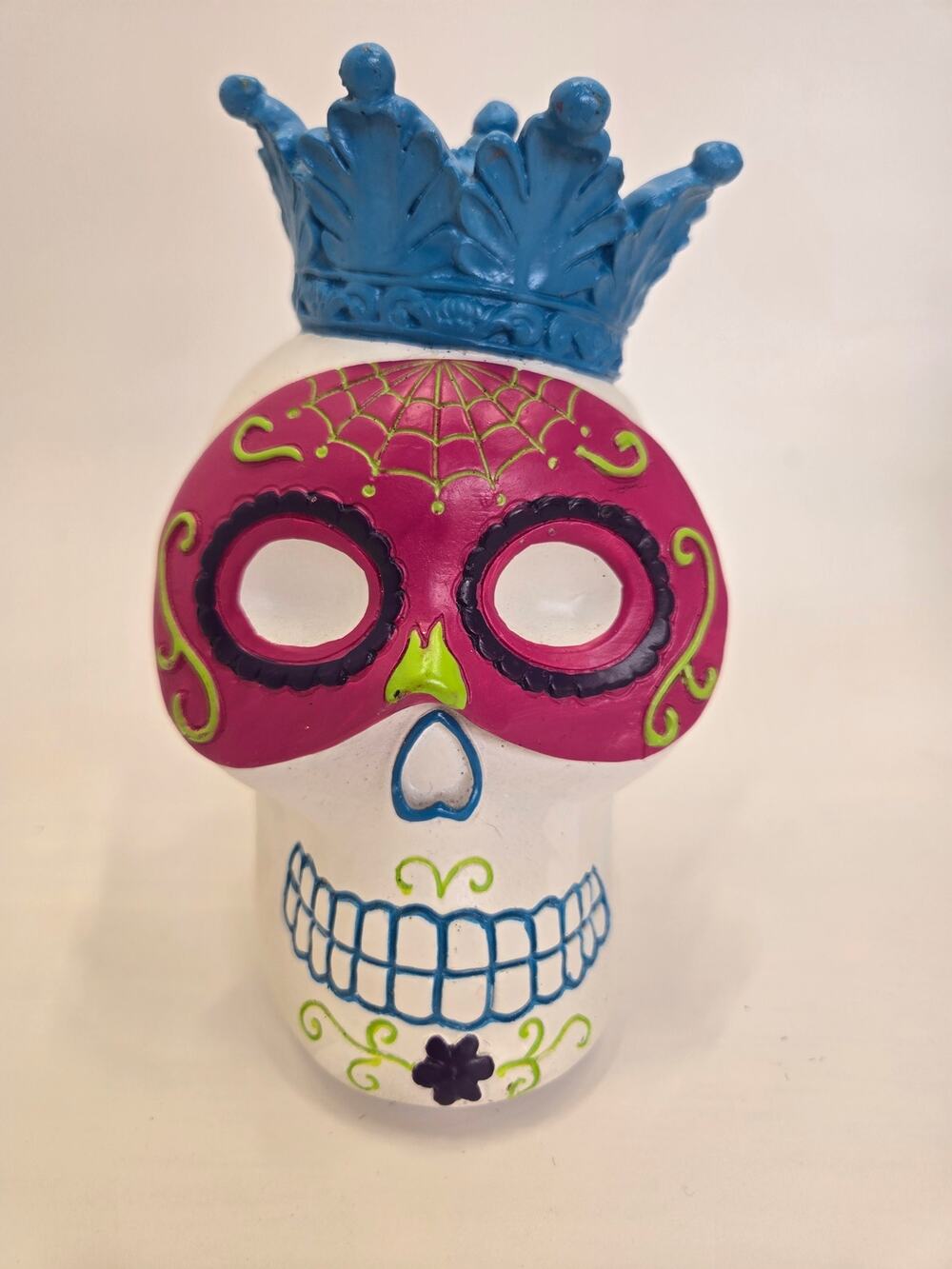 At Home Sugar Skull Figurine Blue Crown Day of the Dead Halloween Decor 6"